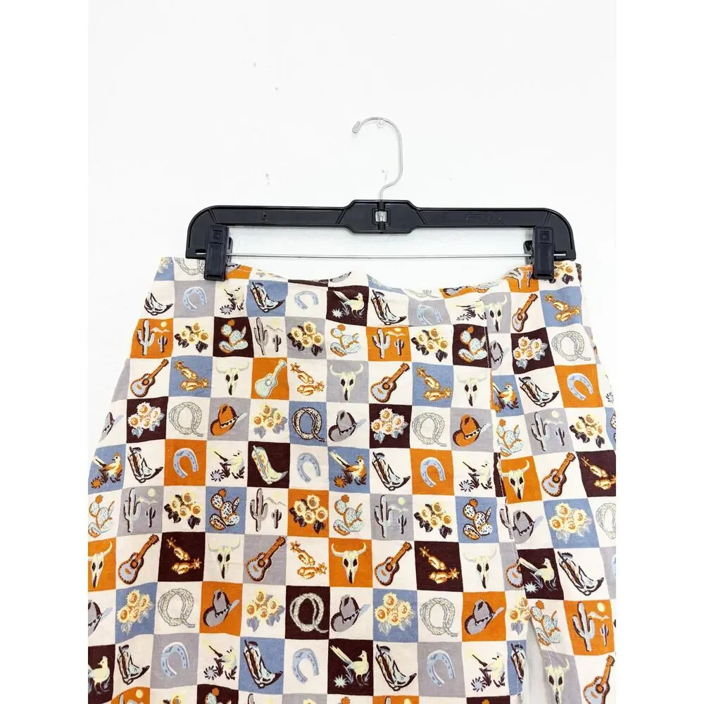 NWT Urban Outfitters Western Cowboy Mini Skirt Large Brown Blue Festival Boho